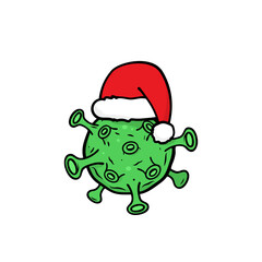 Covid 19. Corona virus microbe with Santa hat. Hand drawn sketch. Coronavirus doodle. Vector
