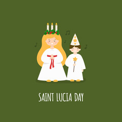 St Lucia Day. Kids wearing traditional costumes. Boy and girl with candles, star, wreath. Vector - obrazy, fototapety, plakaty