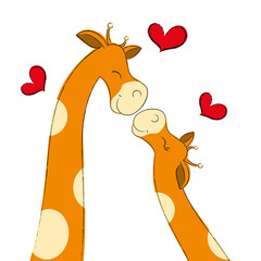 happy couple of giraffes in love on white background with red hearts, animals smile and touch their noses, illustration