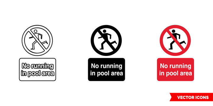 No Running In Pool Area Prohibitory Sign Icon Of 3 Types Color, Black And White, Outline. Isolated Vector Sign Symbol.