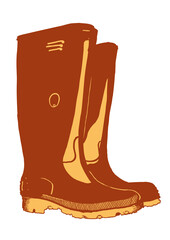 Two color illustration of a pair of Wellington-type rubber boots