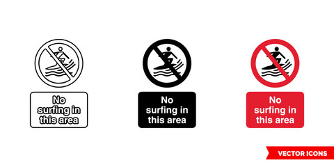 No surfing in this area prohibitory sign icon of 3 types color, black and white, outline. Isolated vector sign symbol.