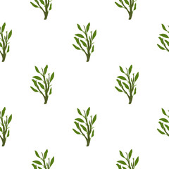 Isolated minimalistic botanic seamless pattern with green foliage branches. Simple leaves silhouettes.