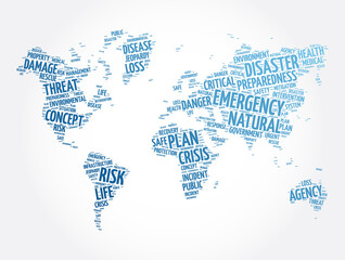 Fototapeta na wymiar Emergency word cloud in shape of world map, healthcare concept background