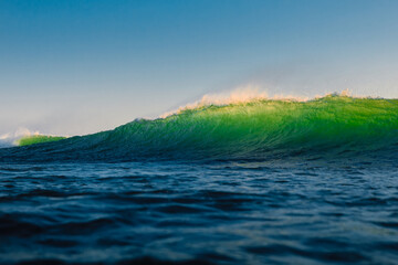 Perfect wave in ocean. Breaking green wave with light