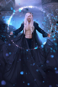 A 3D fantasy illustration with a male elf, a fae tale with a wizard in front of a portal. This is a fictional character. 
