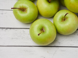 Apple on white table background, green Apple fruit background. natural fresh products.