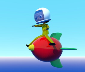 おもちゃのロケットに乗って飛ぶ子供