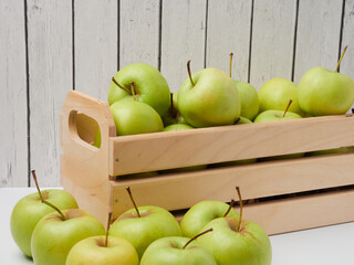 Apple on white table background, green Apple fruit background. natural fresh products.