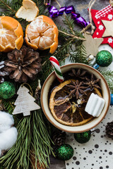 new year Christmas background with Christmas balls, cones spruce,top view