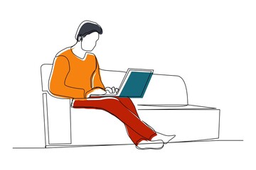 Continuous line drawing of man work from home at sofa with laptop. Single line art of remote worker. Vector illustration