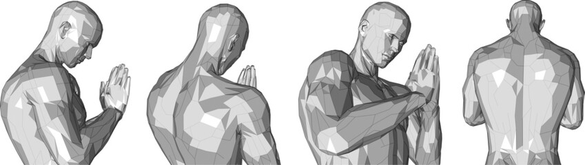 Prayer. Namaste. Vector set of man with folded palms and bowed head. View from four different sides
