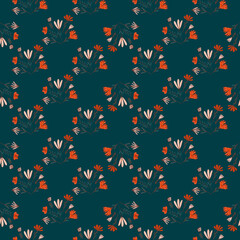 Little red flowers bouquet silhouettes seamless pattern. Navy blue dark background.