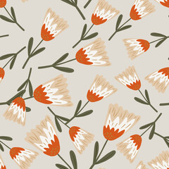 Random seamless nature pattern with botanical beige and red tones flower silhouettes. Grey background.