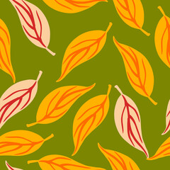 Random seamless pattern with pink and orange contoured foliage ornament. Green background.