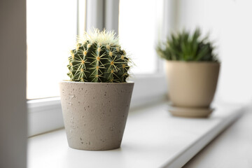 Beautiful different cacti in pots on windowsill indoors