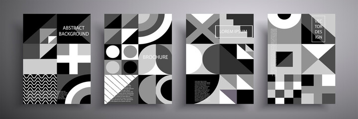 Set of covers. Abstract geometric pattern background, vector circle, triangle and square lines, art design. Black and white background. Compositions for book covers, posters, flyers, magazines.
