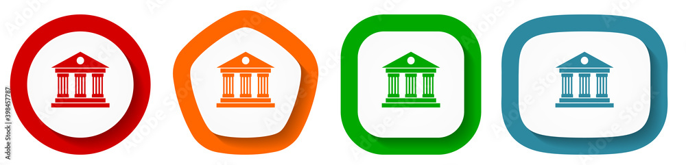 Poster museum vector icon set, building flat design buttons on white background