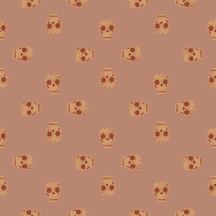 Decorative seamless pattern with little beige skull decor ornament. Pale palette horror backdrop.