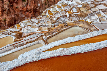 Detailed view of the salt pools of Salineras de Maras