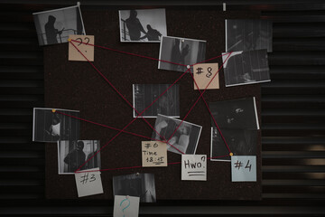 Detective board with crime scene photos, stickers, clues and red thread on wall - obrazy, fototapety, plakaty