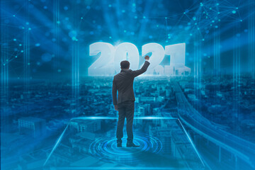 Happy new year 2021 and celebrate,smart city at night countdown to futuristic of modern,concept  smart network and connection technology and communication,with internet of thing,cityscape background