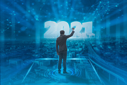 Happy new year 2021 and celebrate,smart city at night countdown to futuristic of modern,concept  smart network and connection technology and communication,with internet of thing,cityscape background