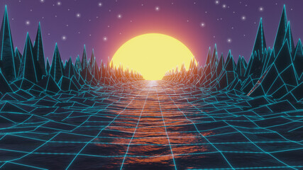 Futuristic retro wave 80s,wireframe landscape mountain background style,Glowing Sun,network grid connection,abstract 3d wireframe technology surrounding illustration,3d render,web baner and wallpaper