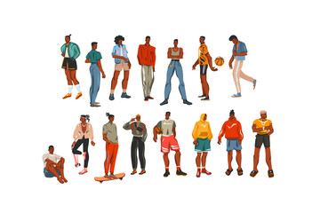 Hand drawn vector abstract stock flat contemporary illustrations collection set bundle with different young adult hipster african american men in fashion style outfit isolated on white background