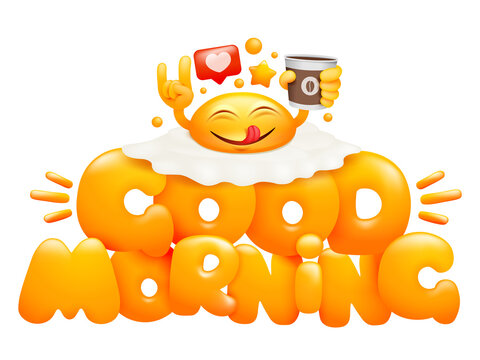 Breakfast Concept Card. Fried Egg Emoji Cartoon Character With Cup Of Coffee.