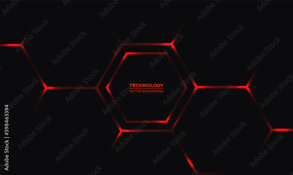 Poster black hexagonal technology vector background. red bright energy flashes under honeycomb in modern da