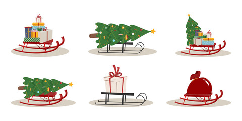 A set sled with a bunch of gifts and a Christmas tree on a white background. Vector