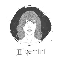 Gemini zodiac sign. Vector illustration with a beautiful horoscope symbol girl on grunge ink background. Monochrome.