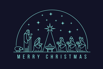Merry christmas with white line Nativity of Jesus scene and Three wise men in the semicircle and star light vector design