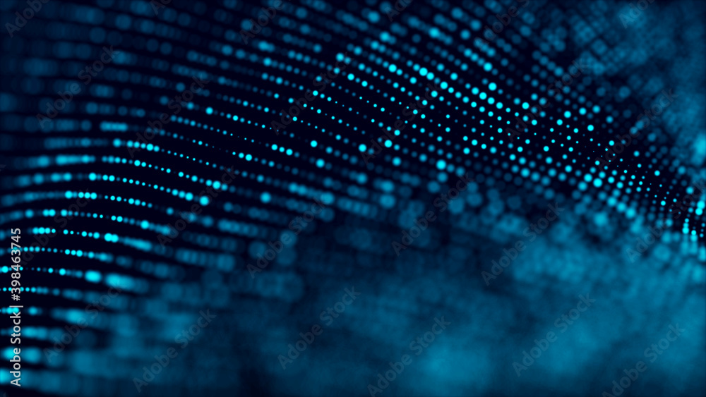 Poster Futuristic blue background with glowing particles movement. Big data. 3d rendering.