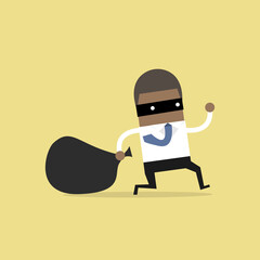 African businessman in burglar mask flees with stolen bag.
