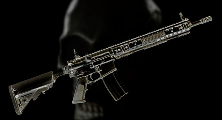 Ghost AR-15 made at home and 3D rendering with skull behind