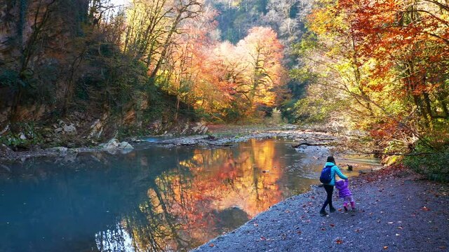 Family walk on the coast of the river. Mother walks with her child on the coast of the river in mountains. Yew and Boxwood Grove in Sochi, Russia