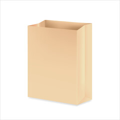 Craft paper bag. Packaging for takeaway food or gifts. Vector 3d realistic illustration. Empty brown template. Close up. EPS 10.