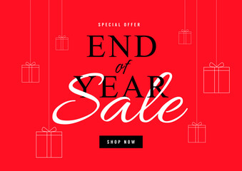 End of year sale poster or flyer design. Year end sale with gift box on red background.