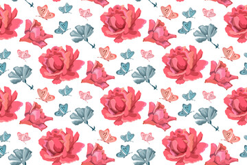 Vector floral seamless pattern. Flowers background with pink roses, blue garden flowers and butterflies on white. 