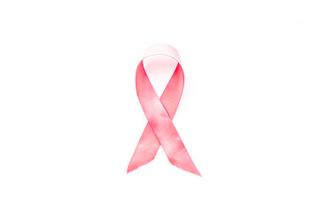 Pink ribbon breast cancer awareness isolated on white. Top view