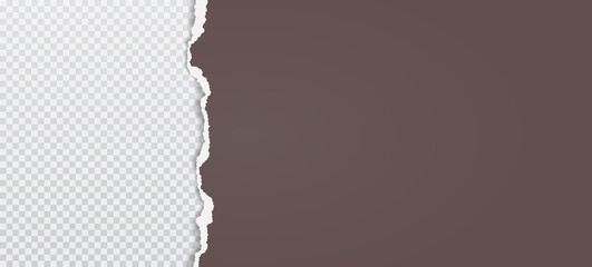 Piece of torn, ripped brown paper with soft shadow is on grey transparent background for text. Vector illustration