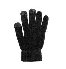 Black woolen glove on white background, top view. Winter clothes