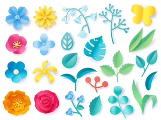 Rolgordijnen Paper cut plant leaves. Realistic 3d origami twigs, flowers, branches and grass. Spring and summer pastel blossom. Floral craft vector set © Tartila