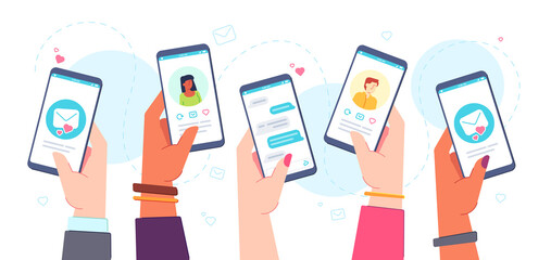 Mobile dating app. Hands holding phones with online dates application, chats, match profiles and mails. Virtual relationship vector concept