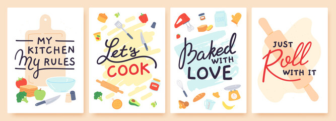 Cooking poster. Kitchen prints with utensils, ingredient and inspirational quote. Baked with love. Food preparation lesson banner vector set