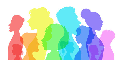 Silhouette social diversity. People of diverse culture. Men and women group profile. Racial equality in multicultural society vector concept