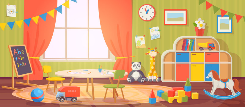 Kindergarten interior. Daycare nursery with furniture and kid toys. Preschool child room for playing, activity and learning, vector cartoon
