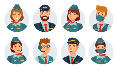 Air crew avatars. Airline pilot, ship captain, stewardess, flying attendant and flight engineer round icon. Airport staff in mask vector set © Tartila